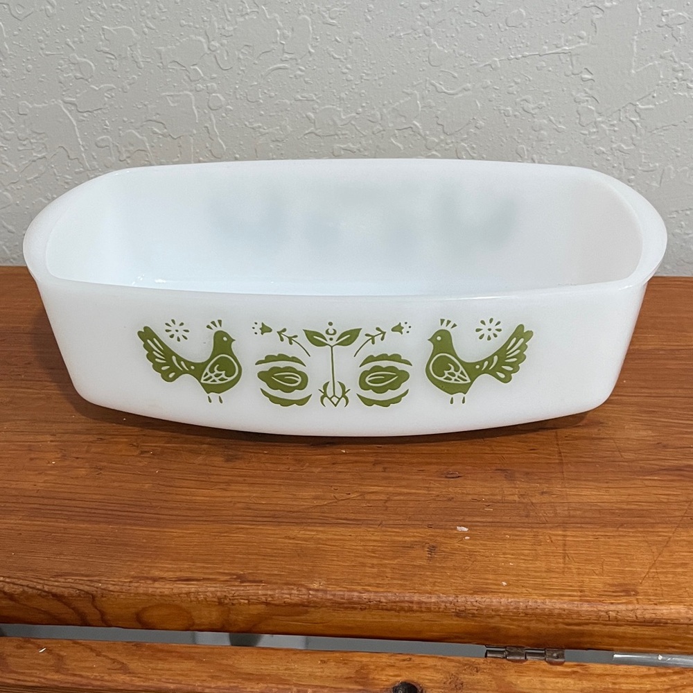 Federal Vintage Friendship loaf Baking Dish with Green Bird Design Mid Century